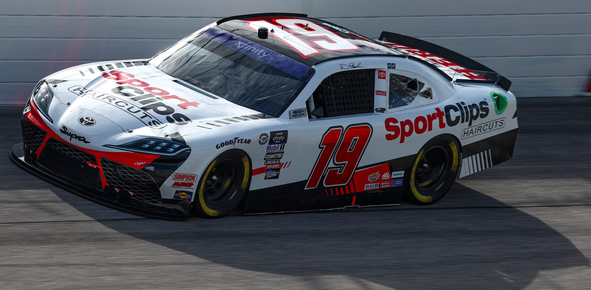 DARLINGTON, SOUTH CAROLINA - SEPTEMBER 02: Denny Hamlin, driver of the #19 Sport Clips Haircuts Toyota, drives during practice for the NASCAR Xfinity Series Sport Clips Haircuts VFW Help A Hero 200 at Darlington Raceway on September 02, 2023 in Darlington, South Carolina. (Photo by Jared C. Tilton/Getty Images) | Getty Images