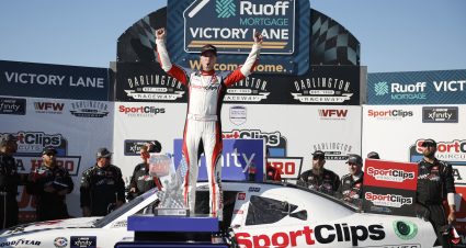 DARLINGTON, SOUTH CAROLINA - SEPTEMBER 02: Denny Hamlin, driver of the #19 Sport Clips Haircuts Toyota, celebrates in victory lane after winning the NASCAR Xfinity Series Sport Clips Haircuts VFW Help A Hero 200 at Darlington Raceway on September 02, 2023 in Darlington, South Carolina. (Photo by James Gilbert/Getty Images) | Getty Images