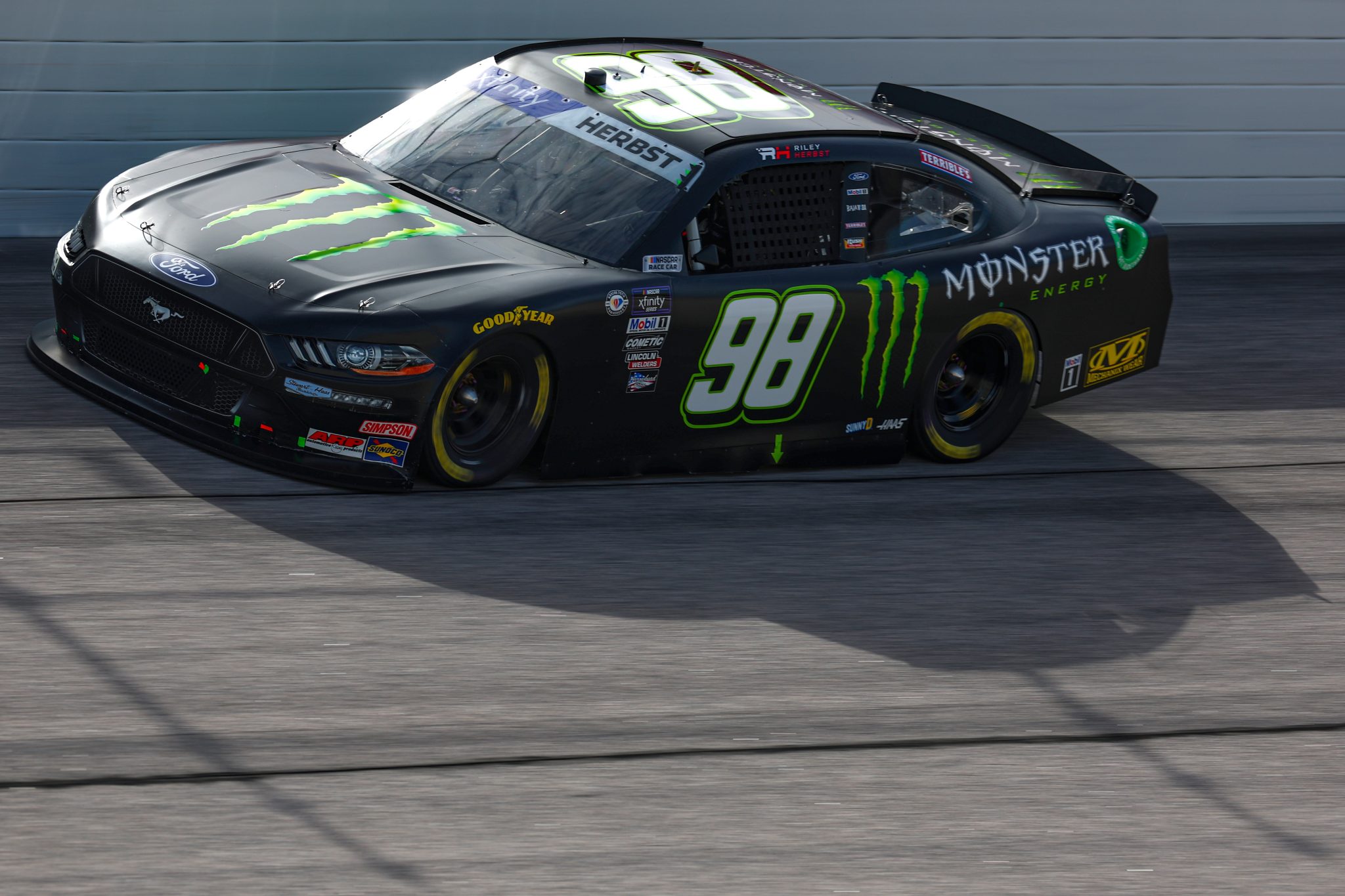 DARLINGTON, SOUTH CAROLINA - SEPTEMBER 02: Riley Herbst, driver of the #98 Monster Energy Ford, drives during practice for the NASCAR Xfinity Series Sport Clips Haircuts VFW Help A Hero 200 at Darlington Raceway on September 02, 2023 in Darlington, South Carolina. (Photo by Jared C. Tilton/Getty Images) | Getty Images