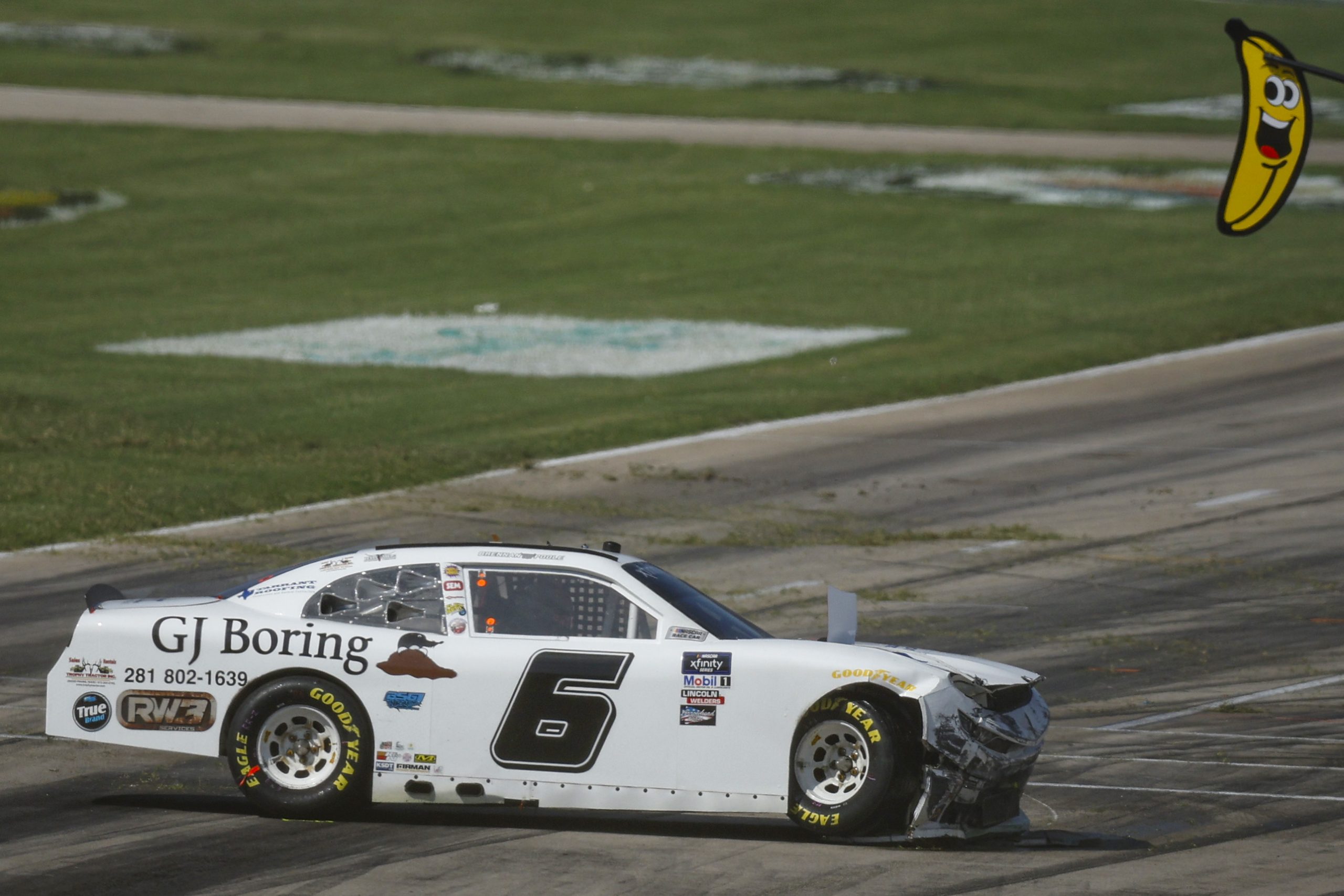 FORT WORTH, TEXAS - SEPTEMBER 23: Brennan Poole, driver of the #6 GJ Boring RW3 Services Chevrolet, spins into the pit wall after an on-track incident during the NASCAR Xfinity Series Andy's Frozen Custard 300 at Texas Motor Speedway on September 23, 2023 in Fort Worth, Texas. (Photo by Sean Gardner/Getty Images) | Getty Images