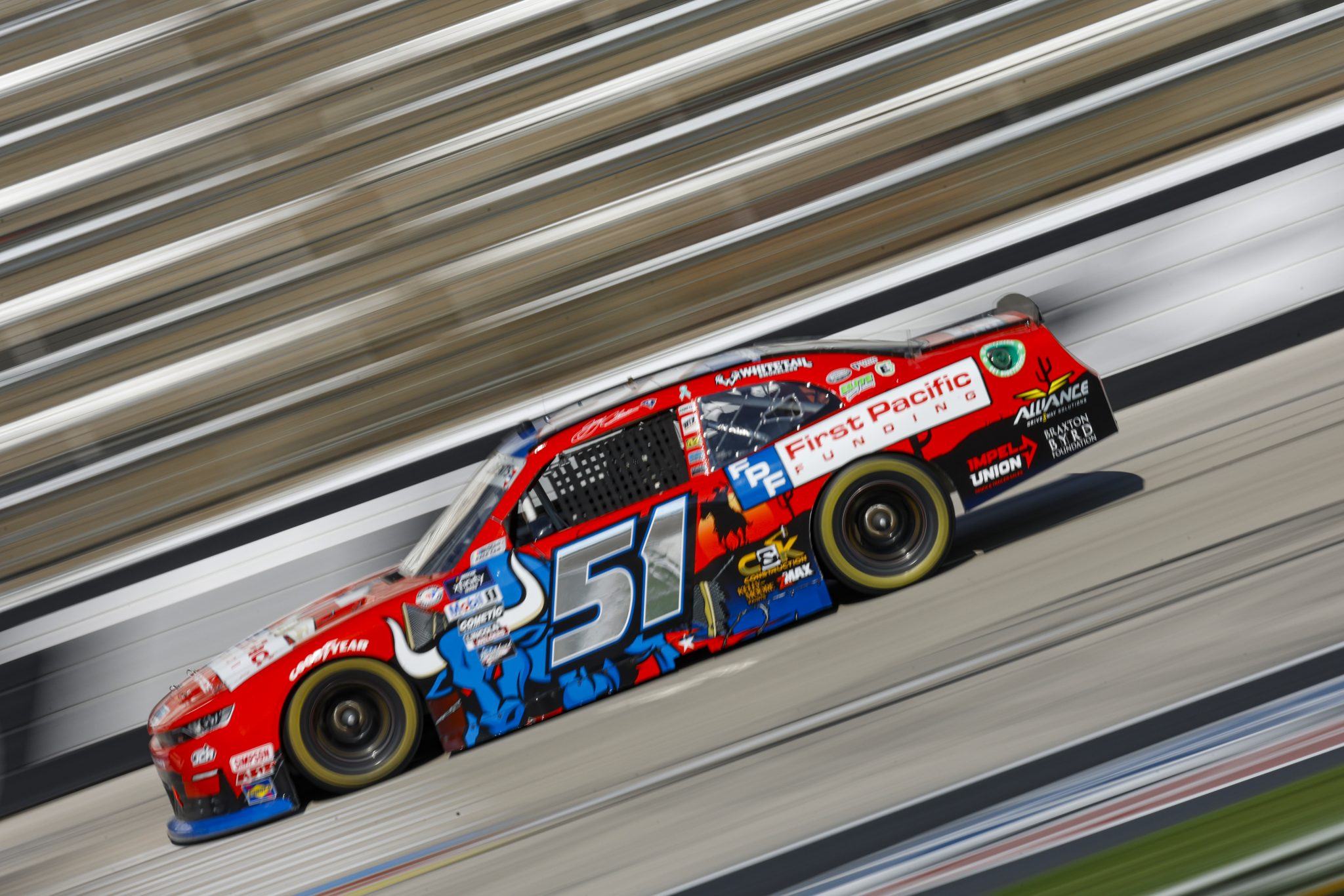 FORT WORTH, TEXAS - SEPTEMBER 22: Jeremy Clements, driver of the #51 First Pacific Funding Chevrolet, drives during practice for the NASCAR Xfinity Series Andy's Frozen Custard 300 - Practice at Texas Motor Speedway on September 22, 2023 in Fort Worth, Texas. (Photo by Sean Gardner/Getty Images) | Getty Images