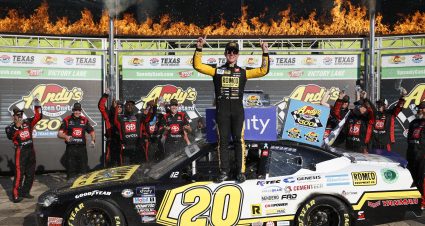FORT WORTH, TEXAS - SEPTEMBER 23: John Hunter Nemechek, driver of the #20 Romco Equipment Toyota, celebrates in victory lane after winning the NASCAR Xfinity Series Andy's Frozen Custard 300 at Texas Motor Speedway on September 23, 2023 in Fort Worth, Texas. (Photo by Chris Graythen/Getty Images) | Getty Images