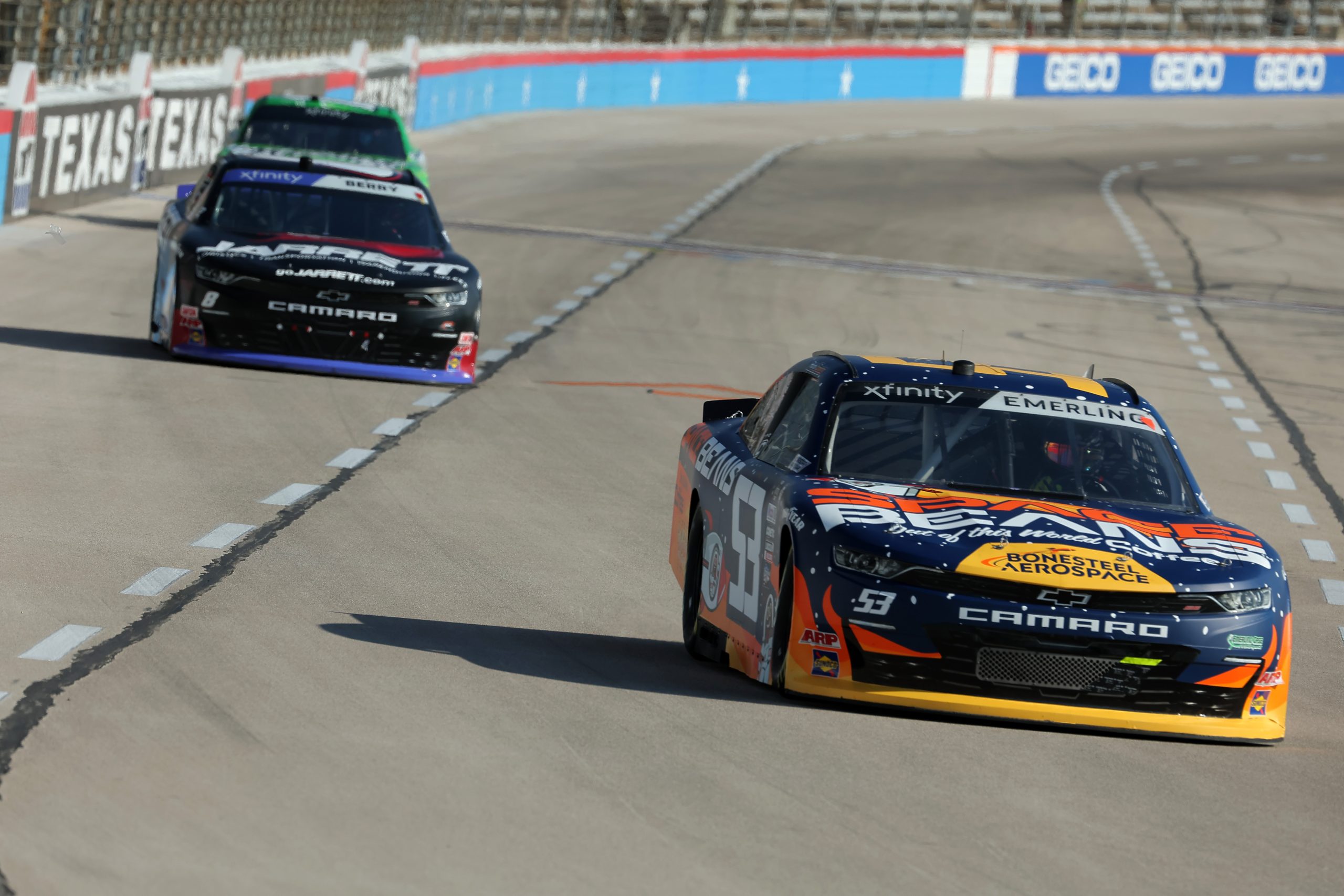 FORT WORTH, TEXAS - SEPTEMBER 23: Patrick Emerling, driver of the #53 Space Beans Chevrolet, and Josh Berry, driver of the #8 Jarrett Logistics Systems Chevrolet, drive during practice for the NASCAR Xfinity Series Andy's Frozen Custard 300 - Practice at Texas Motor Speedway on September 23, 2023 in Fort Worth, Texas. (Photo by Jonathan Bachman/Getty Images) | Getty Images