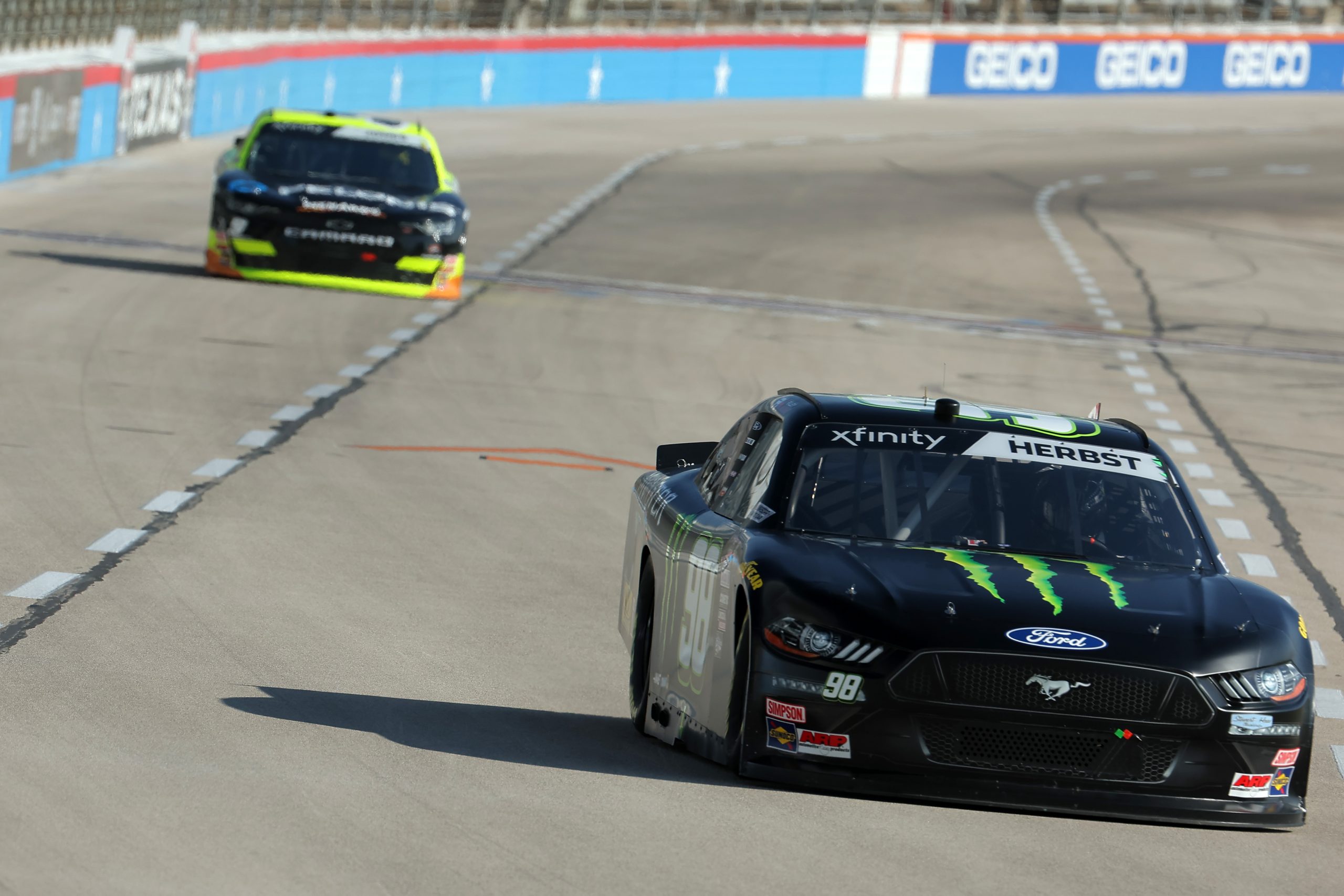 FORT WORTH, TEXAS - SEPTEMBER 23: Riley Herbst, driver of the #98 Monster Energy Ford, drives during practice for the NASCAR Xfinity Series Andy's Frozen Custard 300 - Practice at Texas Motor Speedway on September 23, 2023 in Fort Worth, Texas. (Photo by Jonathan Bachman/Getty Images) | Getty Images