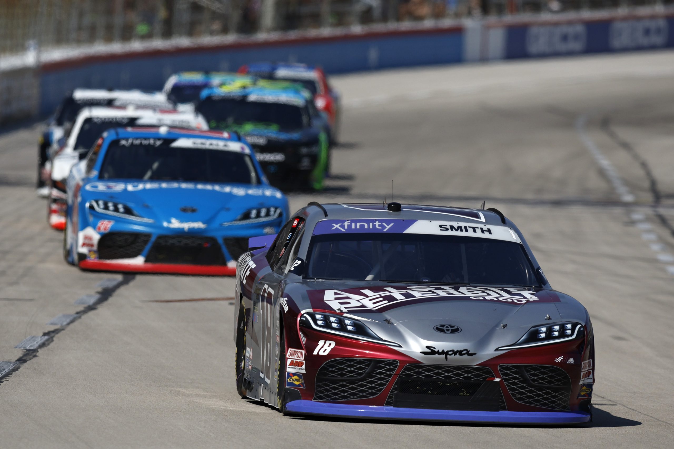 FORT WORTH, TEXAS - SEPTEMBER 23: Sammy Smith, driver of the #18 Allstate Peterbilt Toyota, drives during the NASCAR Xfinity Series Andy's Frozen Custard 300 at Texas Motor Speedway on September 23, 2023 in Fort Worth, Texas. (Photo by Sean Gardner/Getty Images) | Getty Images