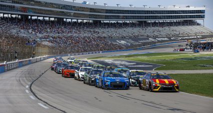 FORT WORTH, TEXAS - SEPTEMBER 24: Bubba Wallace, driver of the #23 McDonald's Toyota, and Chris Buescher, driver of the #17 Fastenal Ford, lead the field to start the NASCAR Cup Series Autotrader EchoPark Automotive 400 at Texas Motor Speedway on September 24, 2023 in Fort Worth, Texas. (Photo by Sean Gardner/Getty Images) | Getty Images