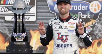 FORT WORTH, TEXAS - SEPTEMBER 24: William Byron, driver of the #24 Liberty University Chevrolet, celebrates in victory lane after winning the NASCAR Cup Series Autotrader EchoPark Automotive 400 at Texas Motor Speedway on September 24, 2023 in Fort Worth, Texas. (Photo by Chris Graythen/Getty Images) | Getty Images