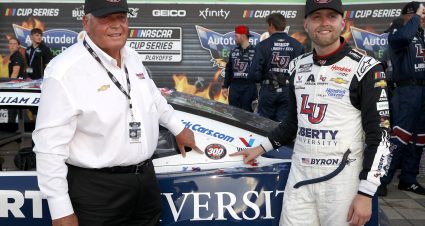 FORT WORTH, TEXAS - SEPTEMBER 24: NASCAR Hall of Famer Rick Hendrick team owner of Hendrick Motorsport  (L) and William Byron, driver of the #24 Liberty University Chevrolet, celebrate Hendrick Motorsports' 300th NASCAR Cup Series win after winning the NASCAR Cup Series Autotrader EchoPark Automotive 400 at Texas Motor Speedway on September 24, 2023 in Fort Worth, Texas. (Photo by Chris Graythen/Getty Images) | Getty Images