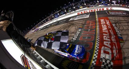 DARLINGTON, SOUTH CAROLINA - SEPTEMBER 03: Kyle Larson, driver of the #5 HendrickCars.com Chevrolet, takes the checkered flag to win the NASCAR Cup Series Cook Out Southern 500 at Darlington Raceway on September 03, 2023 in Darlington, South Carolina. (Photo by Jared C. Tilton/Getty Images) | Getty Images