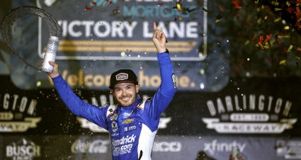 DARLINGTON, SOUTH CAROLINA - SEPTEMBER 03: Kyle Larson, driver of the #5 HendrickCars.com Chevrolet, celebrates in victory lane after winning the NASCAR Cup Series Cook Out Southern 500 at Darlington Raceway on September 03, 2023 in Darlington, South Carolina. (Photo by James Gilbert/Getty Images) | Getty Images