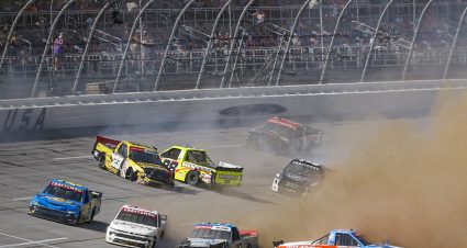 TALLADEGA, ALABAMA - SEPTEMBER 30: Cory Roper, driver of the #04 Fly Alliance/CarQuest Ford, Ty Majeski, driver of the #98 Soda Sense/Curb Records Ford, Grant Enfinger, driver of the #23 Champion Power Equipment Chevrolet, and Matt Crafton, driver of the #88 Jack Links/Menards Ford, spin after an on-track incident during the NASCAR Craftsman Truck Series Love's RV Stop 250 at Talladega Superspeedway on September 30, 2023 in Talladega, Alabama. (Photo by Sean Gardner/Getty Images) | Getty Images