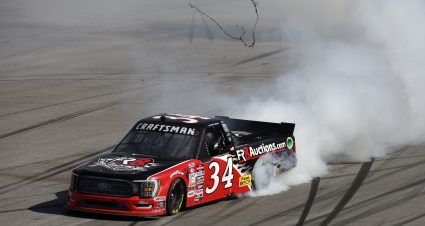 TALLADEGA, ALABAMA - SEPTEMBER 30: Brett Moffitt, driver of the #34 Fr8Auctions Ford, celebrates with a burnout after winning the NASCAR Craftsman Truck Series Love's RV Stop 250 at Talladega Superspeedway on September 30, 2023 in Talladega, Alabama. (Photo by Sean Gardner/Getty Images) | Getty Images