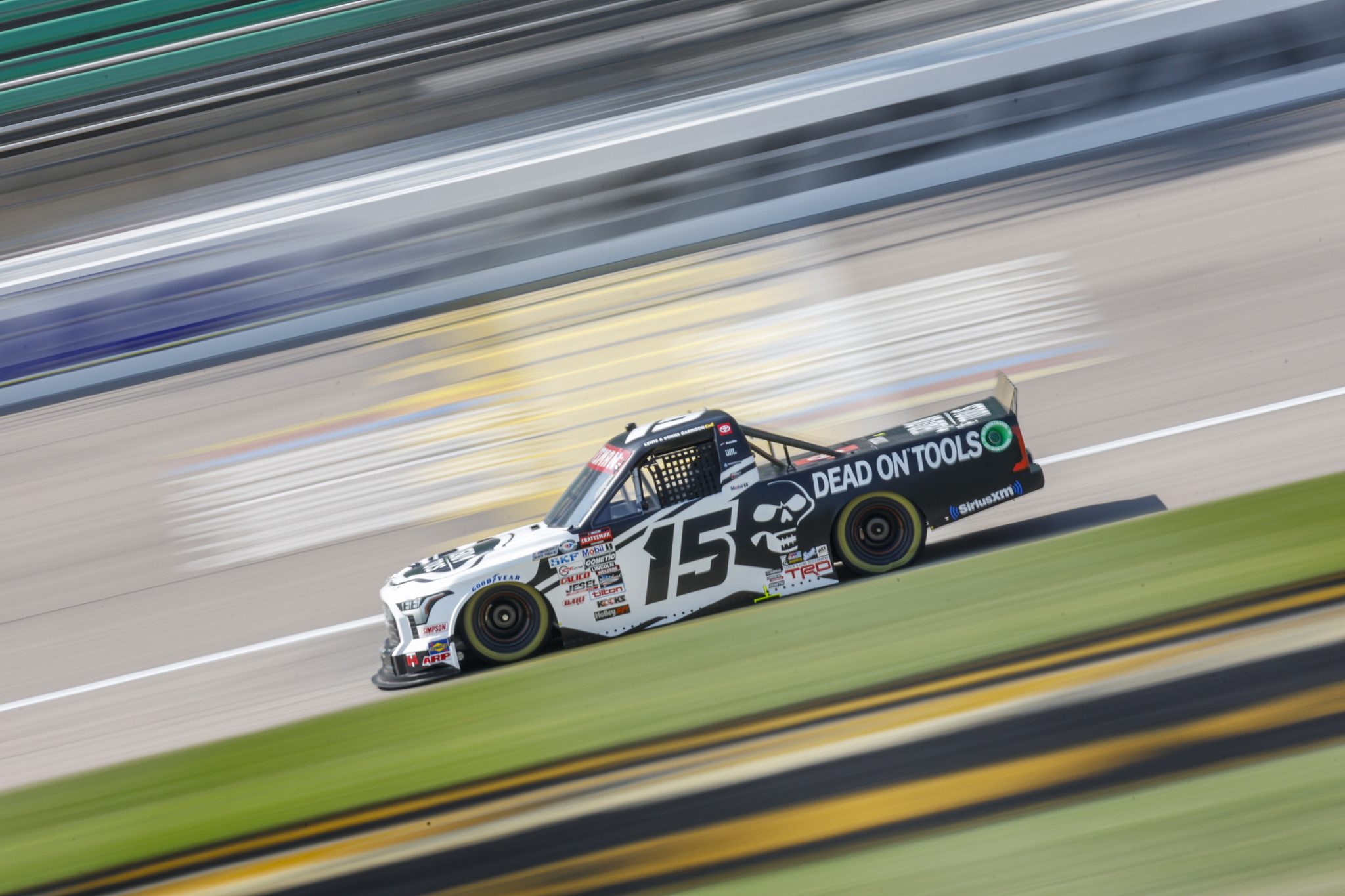 KANSAS CITY, KANSAS - SEPTEMBER 08: Tanner Gray, driver of the #15 Dead On Tools Toyota, drives during practice for the NASCAR Craftsman Truck Series Kansas Lottery 200 at Kansas Speedway on September 08, 2023 in Kansas City, Kansas. (Photo by Sean Gardner/Getty Images) | Getty Images