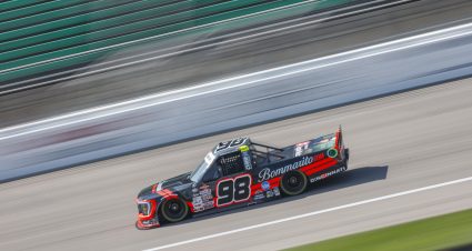 KANSAS CITY, KANSAS - SEPTEMBER 08: Ty Majeski, driver of the #98 Bommarito Auto Group/CurbRecords Ford, drives during practice for the NASCAR Craftsman Truck Series Kansas Lottery 200 at Kansas Speedway on September 08, 2023 in Kansas City, Kansas. (Photo by Sean Gardner/Getty Images) | Getty Images