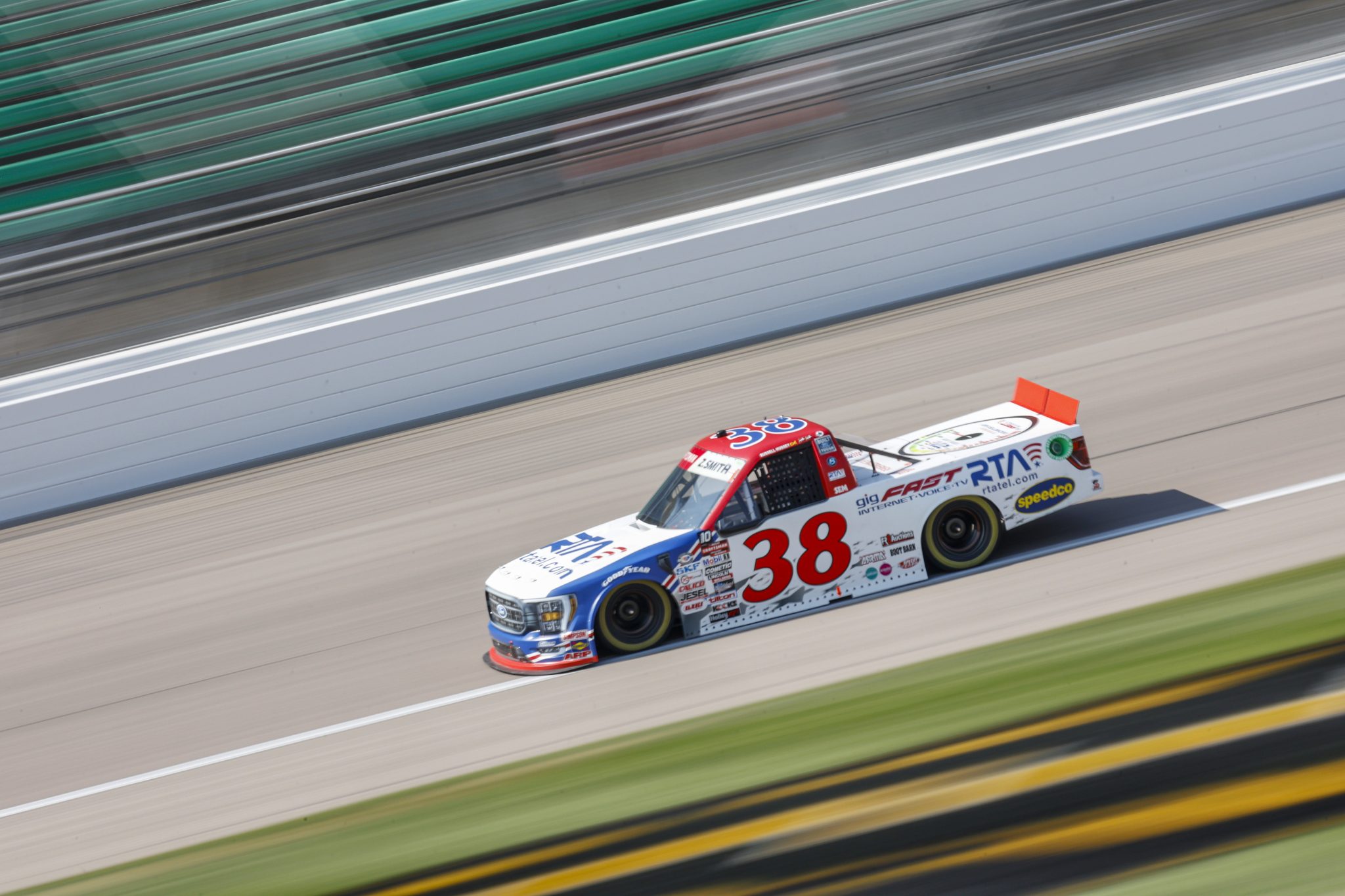 KANSAS CITY, KANSAS - SEPTEMBER 08: Zane Smith, driver of the #38 RTA rtatel.com Ford, drives during practice for the NASCAR Craftsman Truck Series Kansas Lottery 200 at Kansas Speedway on September 08, 2023 in Kansas City, Kansas. (Photo by Sean Gardner/Getty Images) | Getty Images
