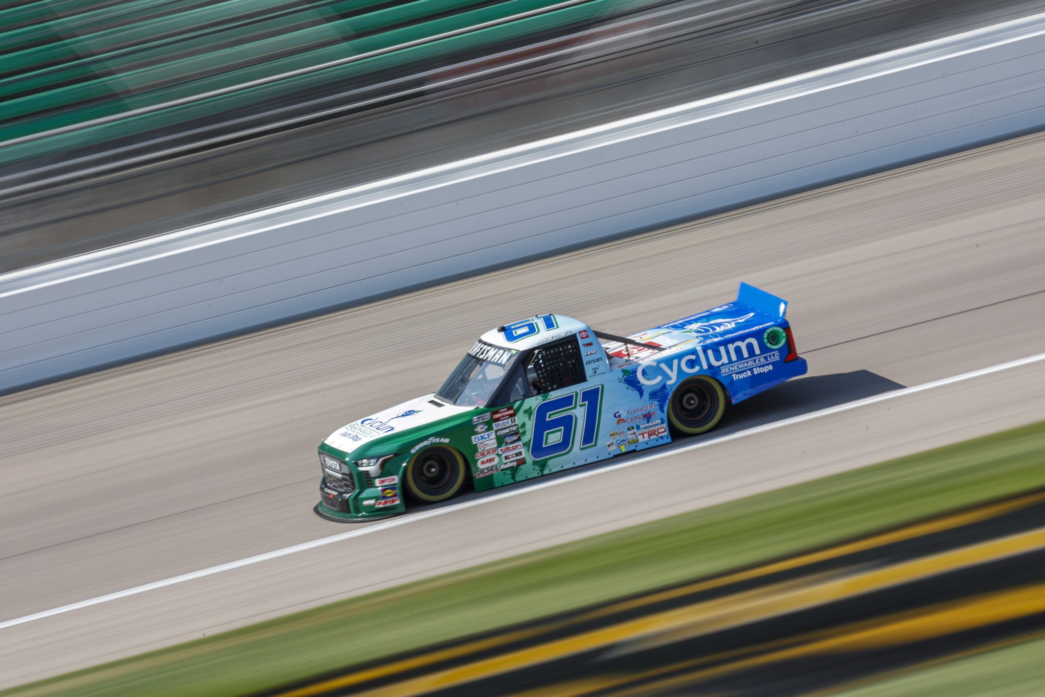 KANSAS CITY, KANSAS - SEPTEMBER 08: Jake Drew, driver of the #61 Cyclum Truck Stops Toyota, drives during practice for the NASCAR Craftsman Truck Series Kansas Lottery 200 at Kansas Speedway on September 08, 2023 in Kansas City, Kansas. (Photo by Sean Gardner/Getty Images) | Getty Images