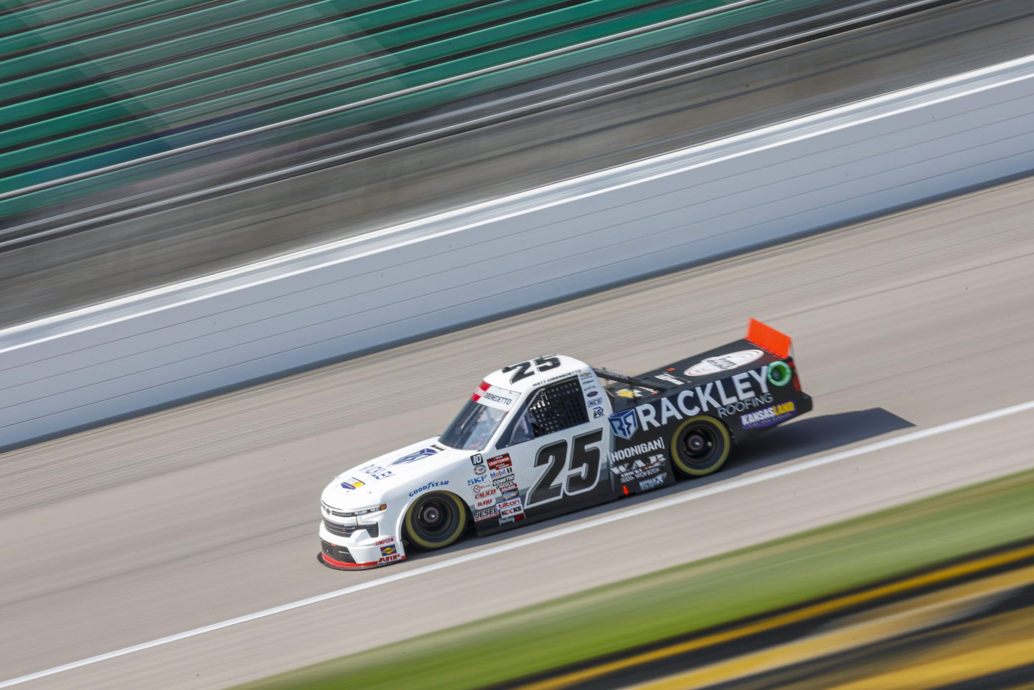 KANSAS CITY, KANSAS - SEPTEMBER 08: Matt DiBenedetto, driver of the #25 Rackley Roofing/WAR Shocks Chevrolet, drives during practice for the NASCAR Craftsman Truck Series Kansas Lottery 200 at Kansas Speedway on September 08, 2023 in Kansas City, Kansas. (Photo by Sean Gardner/Getty Images) | Getty Images