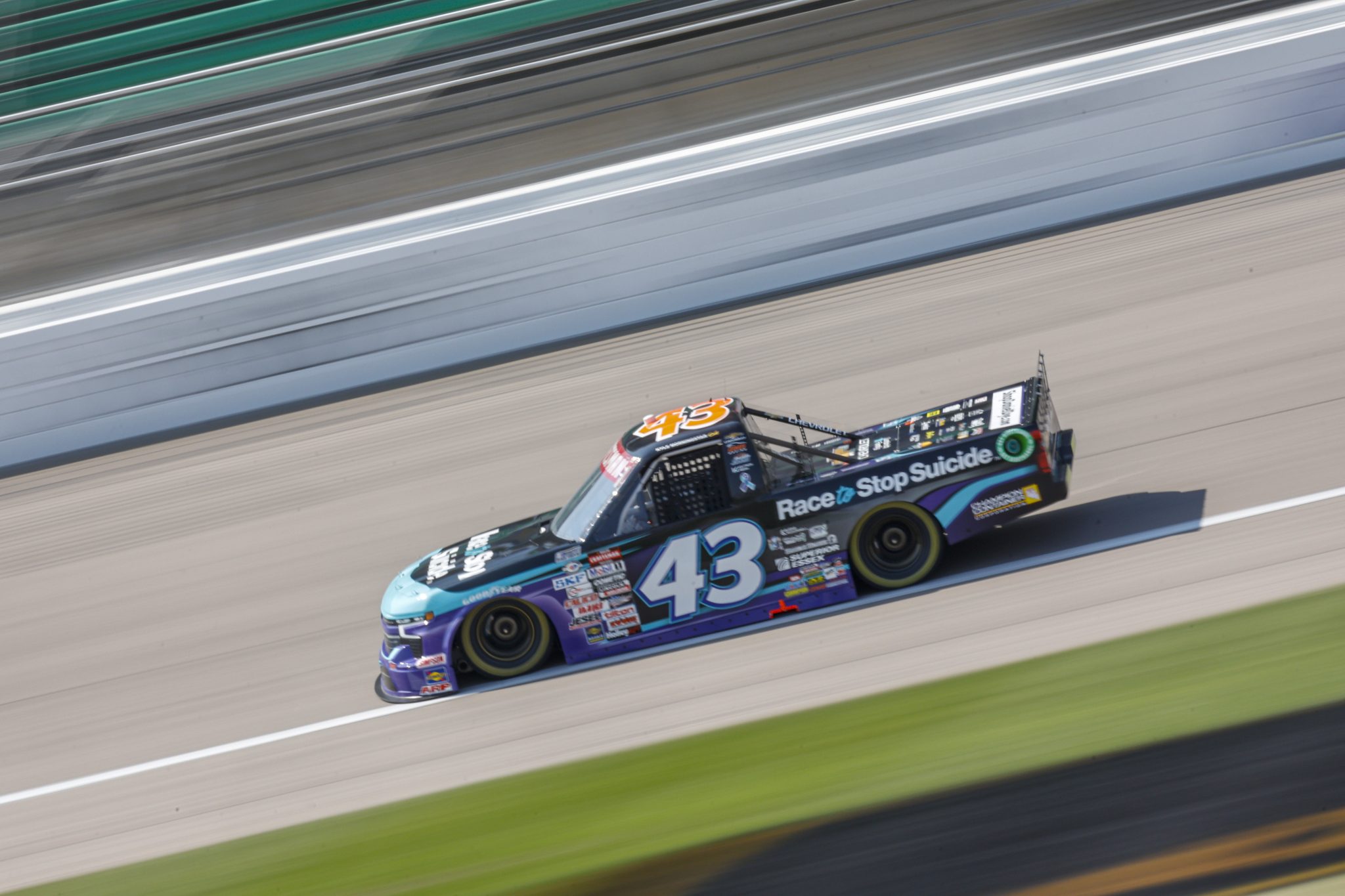 KANSAS CITY, KANSAS - SEPTEMBER 08: Daniel Dye, driver of the #43 Race to Stop Suicide Chevrolet, drives during practice for the NASCAR Craftsman Truck Series Kansas Lottery 200 at Kansas Speedway on September 08, 2023 in Kansas City, Kansas. (Photo by Sean Gardner/Getty Images) | Getty Images