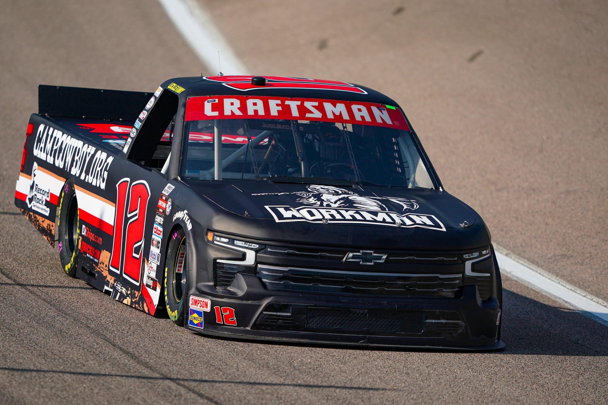 KANSAS CITY, KANSAS - SEPTEMBER 08: Spencer Boyd, driver of the #12 Workman/Campcowboy.org Chevrolet, drives during practice for the NASCAR Craftsman Truck Series Kansas Lottery 200 at Kansas Speedway on September 08, 2023 in Kansas City, Kansas. (Photo by Kyle Rivas/Getty Images) | Getty Images