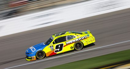 KANSAS CITY, KANSAS - SEPTEMBER 09: Brandon Jones, driver of the #9 Menards/NIBCO Chevrolet, drives during practice for the NASCAR Xfinity Series Kansas Lottery 300 at Kansas Speedway on September 09, 2023 in Kansas City, Kansas. (Photo by Sean Gardner/Getty Images) | Getty Images