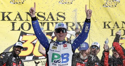 KANSAS CITY, KANSAS - SEPTEMBER 09: John Hunter Nemechek, driver of the #20 Pye Barker Fire & Safety Toyota, celebrates in victory lane after winning the NASCAR Xfinity Series Kansas Lottery 300 at Kansas Speedway on September 09, 2023 in Kansas City, Kansas. (Photo by Sean Gardner/Getty Images) | Getty Images