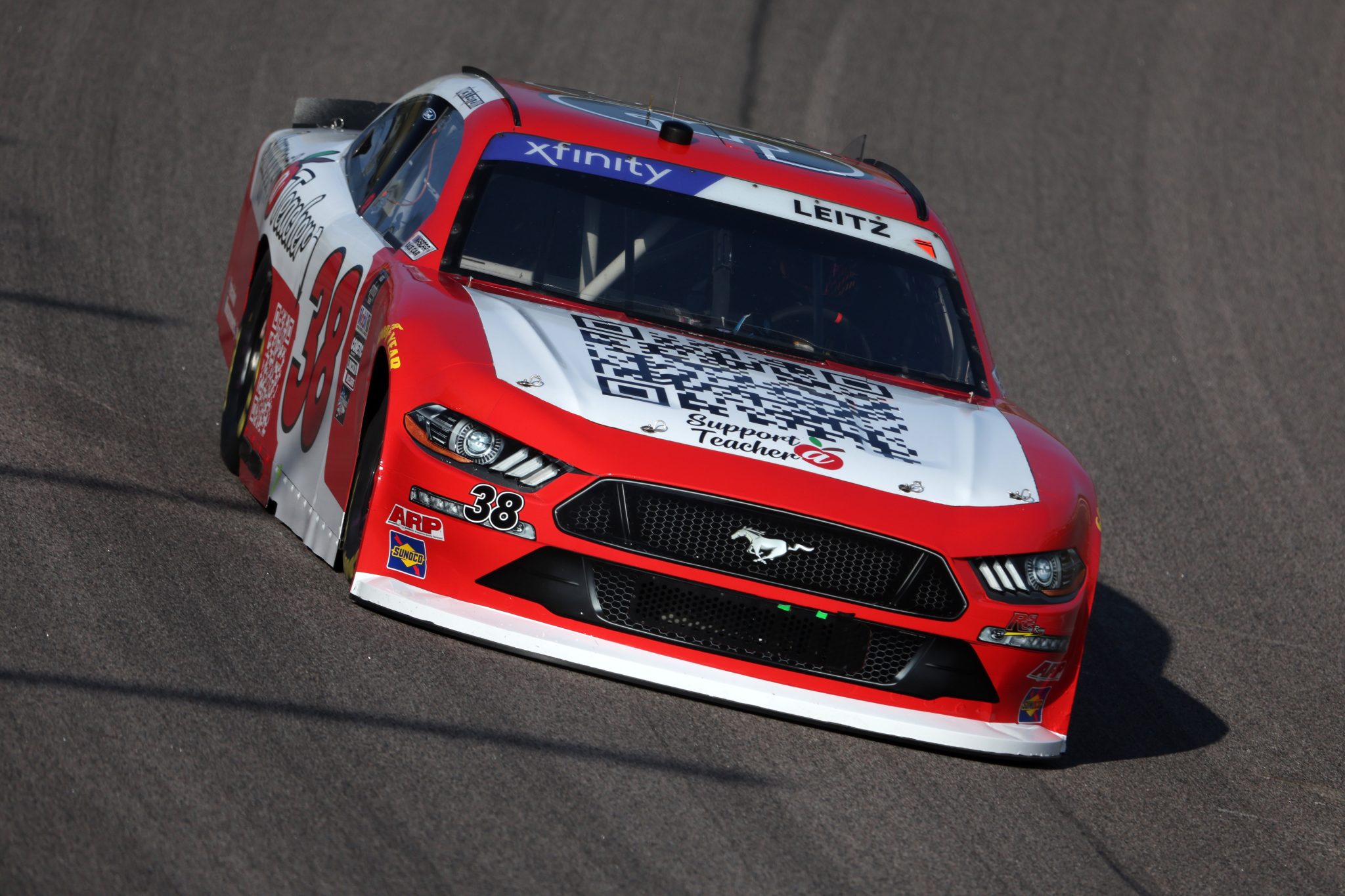 KANSAS CITY, KANSAS - SEPTEMBER 09:Nick Leitz, driver of the #38 Support a Teacher Ford, drives during qualifying for the NASCAR Xfinity Series Kansas Lottery 300 at Kansas Speedway on September 09, 2023 in Kansas City, Kansas. (Photo by Jamie Squire/Getty Images) | Getty Images