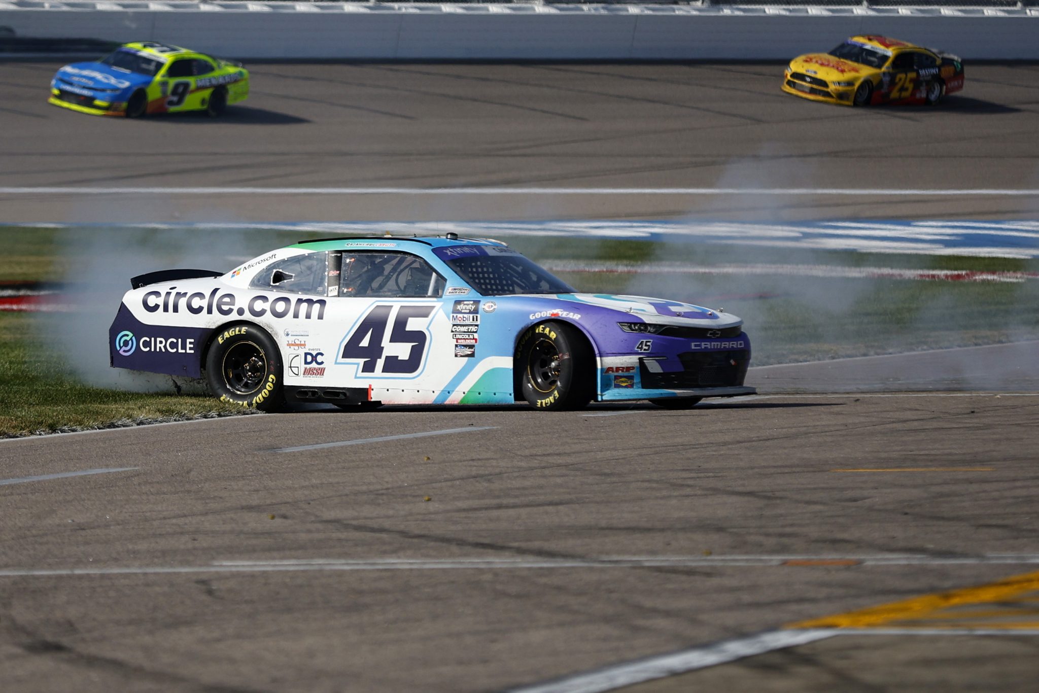 KANSAS CITY, KANSAS - SEPTEMBER 09: Rajah Caruth, driver of the #45 Circle Pay Chevrolet, spins after an on-track incident during the NASCAR Xfinity Series Kansas Lottery 300 at Kansas Speedway on September 09, 2023 in Kansas City, Kansas. (Photo by Sean Gardner/Getty Images) | Getty Images