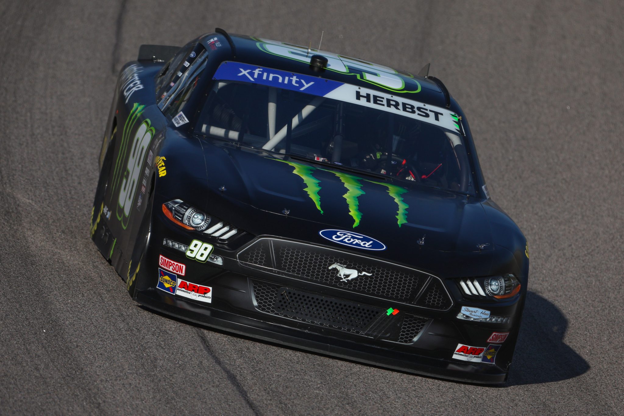 KANSAS CITY, KANSAS - SEPTEMBER 09: Riley Herbst, driver of the #98 Monster Energy Ford, drives during qualifying for the NASCAR Xfinity Series Kansas Lottery 300 at Kansas Speedway on September 09, 2023 in Kansas City, Kansas. (Photo by Jamie Squire/Getty Images) | Getty Images