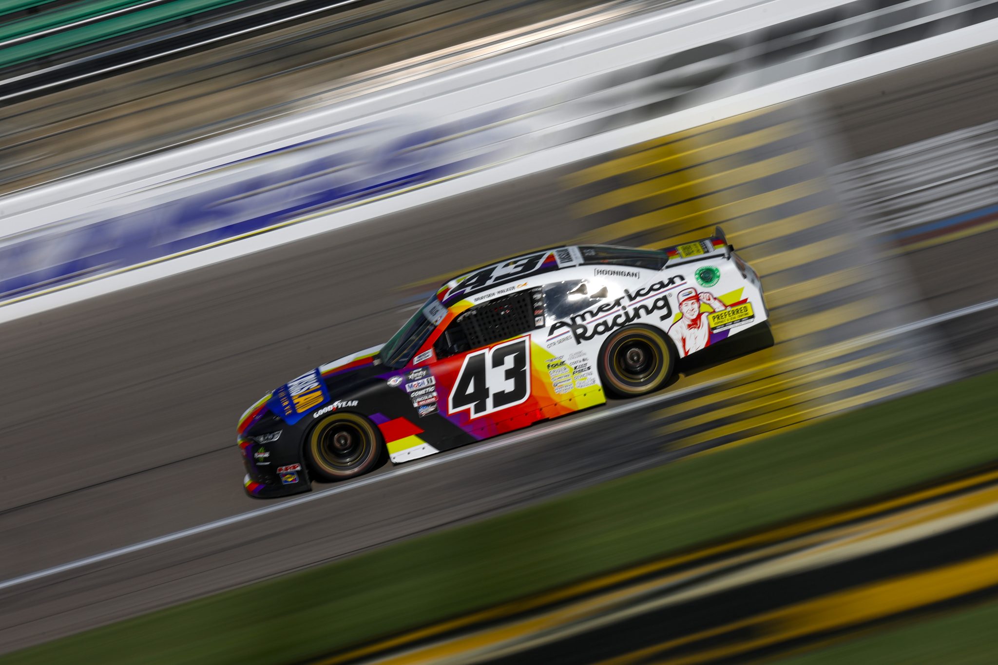 KANSAS CITY, KANSAS - SEPTEMBER 09: Ryan Ellis, driver of the #43 Kansas Land/American Racing Chevrolet, drives during practice for the NASCAR Xfinity Series Kansas Lottery 300 at Kansas Speedway on September 09, 2023 in Kansas City, Kansas. (Photo by Sean Gardner/Getty Images) | Getty Images