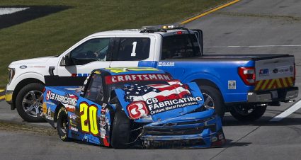 TALLADEGA, ALABAMA - SEPTEMBER 30: Greg Van Alst, driver of the #20 CB Fabricating Chevrolet, is assisted by the American Medical Response (AMR) safety crew after an on-track incident during the NASCAR Craftsman Truck Series Love's RV Stop 250 at Talladega Superspeedway on September 30, 2023 in Talladega, Alabama. (Photo by Sean Gardner/Getty Images) | Getty Images