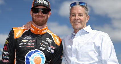 DAYTONA BEACH, FLORIDA - FEBRUARY 18: Jeb Burton, driver of the #27 State Water Heaters Chevrolet, and his father, Ward Burton  pose for photos on the grid during qualifying for the Beef. It's What's For Dinner. 300 at Daytona International Speedway on February 18, 2023 in Daytona Beach, Florida. (Photo by James Gilbert/Getty Images) | Getty Images