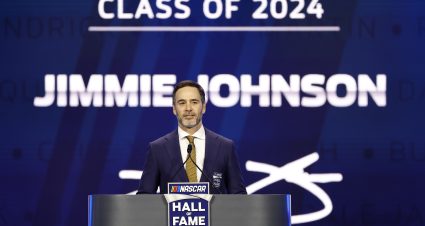 CHARLOTTE, NORTH CAROLINA - JANUARY 19: NASCAR Hall of Fame inductee Jimmie Johnson speaks during the 2024 NASCAR Hall of Fame Induction Ceremony at Charlotte Convention Center on January 19, 2024 in Charlotte, North Carolina. (Photo by Chris Graythen/Getty Images) | Getty Images