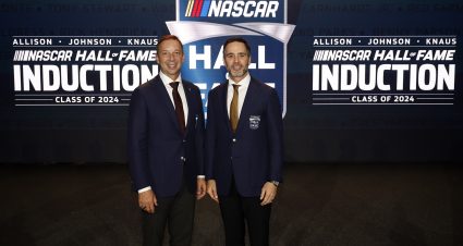 CHARLOTTE, NORTH CAROLINA - JANUARY 19: NASCAR Hall of Fame inductees, Chad Knaus and Jimmie Johnson pose for photos during the 2024 NASCAR Hall of Fame Induction Ceremony at Charlotte Convention Center on January 19, 2024 in Charlotte, North Carolina. (Photo by Chris Graythen/Getty Images) | Getty Images