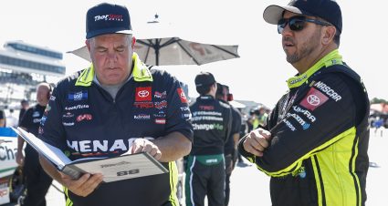 RICHMOND, VIRGINIA - AUGUST 13: Matt Crafton, driver of the #88 Ideal Door/Menards Toyota, and crew chief Shane Wilson talk during practice for the NASCAR Camping World Truck Series Worldwide Express 250 for Carrier Appreciation at Richmond Raceway on August 13, 2022 in Richmond, Virginia. (Photo by Jared C. Tilton/Getty Images) | Getty Images