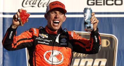 KANSAS CITY, KANSAS - SEPTEMBER 29: Ross Chastain, driver of the #1 Kubota Chevrolet, celebrates in victory lane after winning the NASCAR Cup Series Hollywood Casino 400 Presented by ESPN BET at Kansas Speedway on September 29, 2024 in Kansas City, Kansas. (Photo by Chris Graythen/Getty Images) | Getty Images