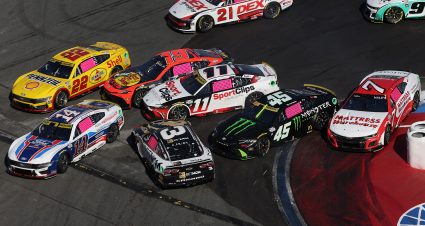 CONCORD, NORTH CAROLINA - OCTOBER 13: Austin Dillon, driver of the #3 BetMGM Chevrolet, spins after an on-track incident as Chase Briscoe, driver of the #14 Ford Performance Racing School Ford, Denny Hamlin, driver of the #11 Sport Clips Haircuts Toyota, Tyler Reddick, driver of the #45 Monster Energy Toyota, and Justin Haley, driver of the #7 Mattress Warehouse Chevrolet, pass during the NASCAR Cup Series Bank of America ROVAL 400 at Charlotte Motor Speedway on October 13, 2024 in Concord, North Carolina. (Photo by Meg Oliphant/Getty Images) | Getty Images