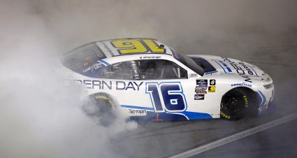 LAS VEGAS, NEVADA - OCTOBER 19: AJ Allmendinger, driver of the #16 Modern Day Garage Chevrolet, celebrates with a burnout after winning the NASCAR Xfinity Series Ambetter Health 302 at Las Vegas Motor Speedway on October 19, 2024 in Las Vegas, Nevada. (Photo by Sean Gardner/Getty Images) | Getty Images