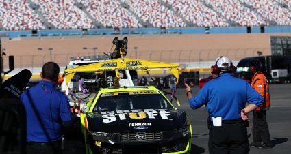 LAS VEGAS, NEVADA - OCTOBER 19: The #12 Menards/Great Stuff Ford, driven by. Ryan Blaney is towed after an on-track incident during practice for the NASCAR Cup Series South Point 400 at Las Vegas Motor Speedway on October 19, 2024 in Las Vegas, Nevada. (Photo by Meg Oliphant/Getty Images) | Getty Images