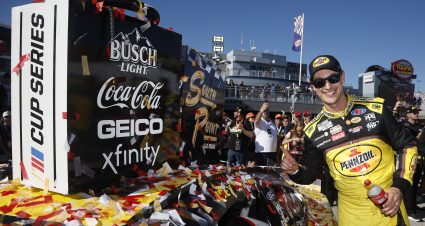 LAS VEGAS, NEVADA - OCTOBER 20: Joey Logano, driver of the #22 Pennzoil Ford, poses with the winner sticker on his car in victory lane after winning the NASCAR Cup Series South Point 400 at Las Vegas Motor Speedway on October 20, 2024 in Las Vegas, Nevada. (Photo by Sean Gardner/Getty Images) | Getty Images