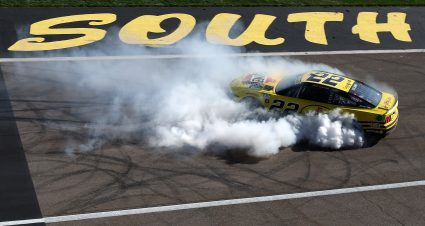 LAS VEGAS, NEVADA - OCTOBER 20: Joey Logano, driver of the #22 Pennzoil Ford, celebrates with a burnout after winning the NASCAR Cup Series South Point 400 at Las Vegas Motor Speedway on October 20, 2024 in Las Vegas, Nevada. (Photo by Meg Oliphant/Getty Images) | Getty Images