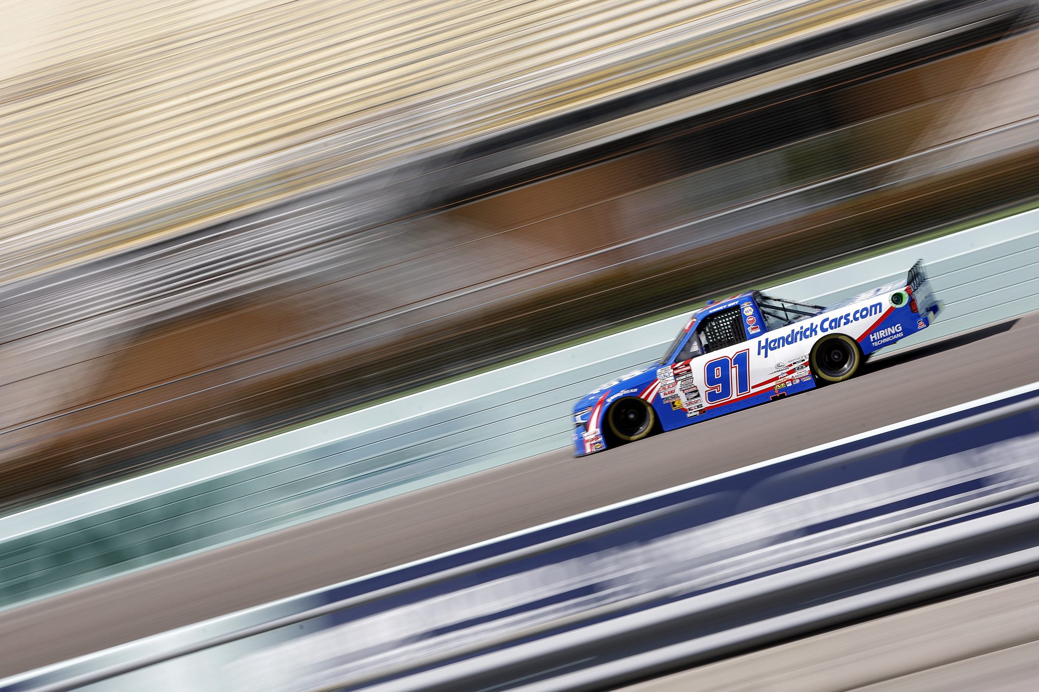 HOMESTEAD, FLORIDA - OCTOBER 25: Corey Day, driver of the #91 HendrickCars.com Chevrolet, drives during practice for the NASCAR Craftsman Truck Series Baptist Health 200 at Homestead-Miami Speedway on October 25, 2024 in Homestead, Florida. (Photo by Sean Gardner/Getty Images) | Getty Images