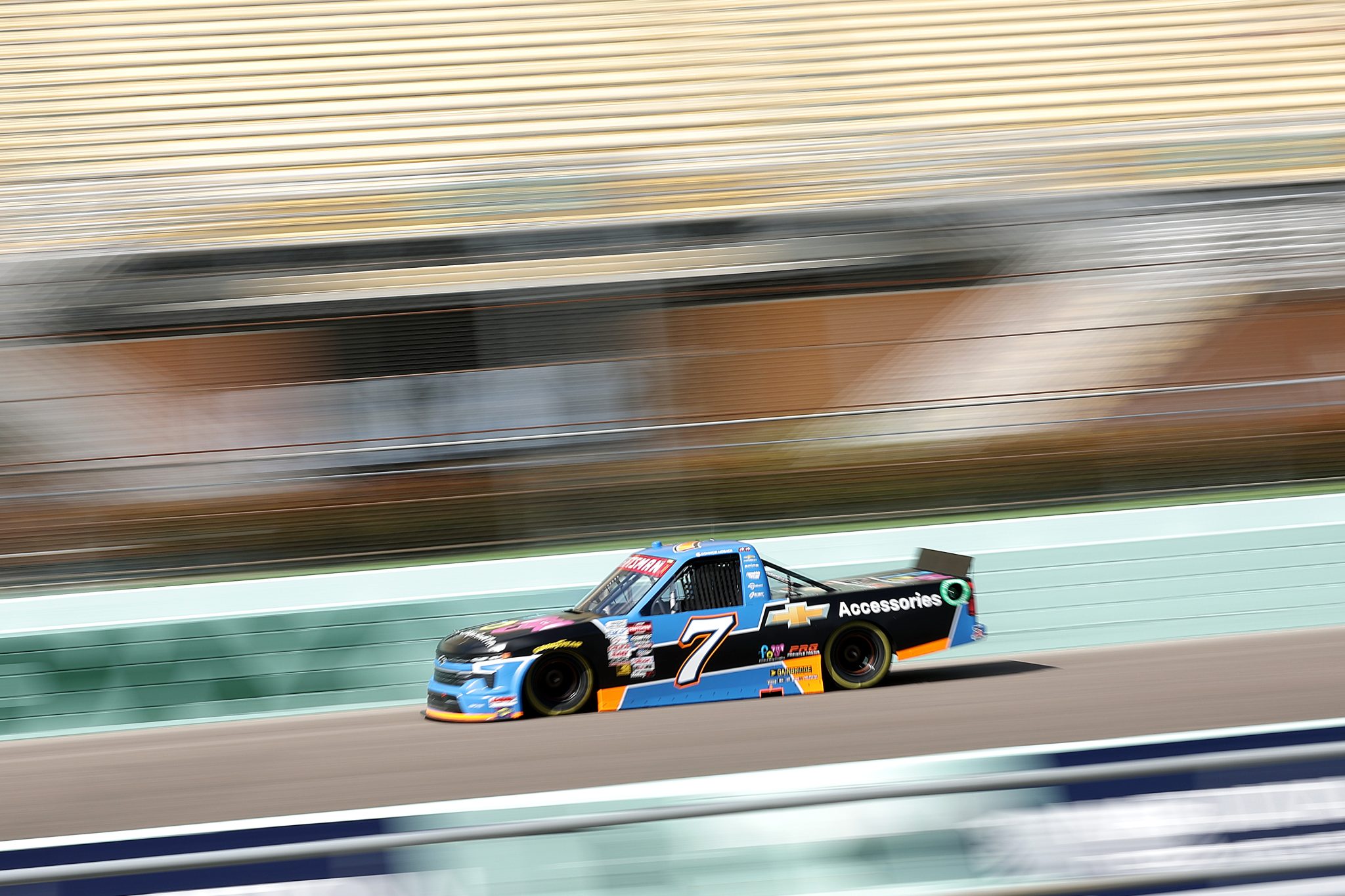 HOMESTEAD, FLORIDA - OCTOBER 25: Connor Mosack, driver of the #7 Friends of Jaclyn Foundation Chevrolet, drives during qualifying for the NASCAR Craftsman Truck Series Baptist Health 200 at Homestead-Miami Speedway on October 25, 2024 in Homestead, Florida. (Photo by James Gilbert/Getty Images) | Getty Images