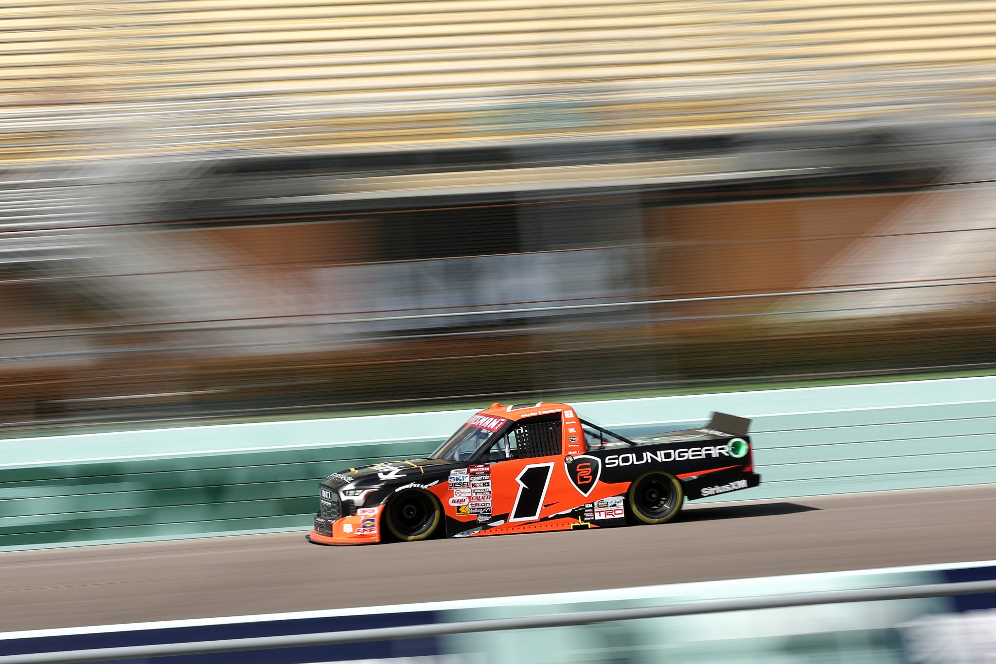HOMESTEAD, FLORIDA - OCTOBER 25: William Sawalich, driver of the #1 Starkey/Soundgear Toyota, drives during qualifying for the NASCAR Craftsman Truck Series Baptist Health 200 at Homestead-Miami Speedway on October 25, 2024 in Homestead, Florida. (Photo by James Gilbert/Getty Images) | Getty Images