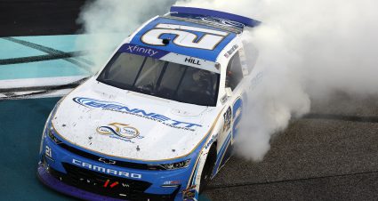 HOMESTEAD, FLORIDA - OCTOBER 26: Austin Hill, driver of the #21 Bennett Transportation Chevrolet, celebrates with a burnout after winning the NASCAR Xfinity Series Credit One NASCAR Amex Credit 300 at Homestead-Miami Speedway on October 26, 2024 in Homestead, Florida. (Photo by Sean Gardner/Getty Images) | Getty Images