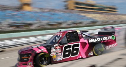 HOMESTEAD, FLORIDA - OCTOBER 26: Conner Jones, driver of the #66 TSPORT/BreastCancerAware Ford, exits pit road during the NASCAR Craftsman Truck Series Baptist Health 200 at Homestead-Miami Speedway on October 26, 2024 in Homestead, Florida. (Photo by James Gilbert/Getty Images) | Getty Images