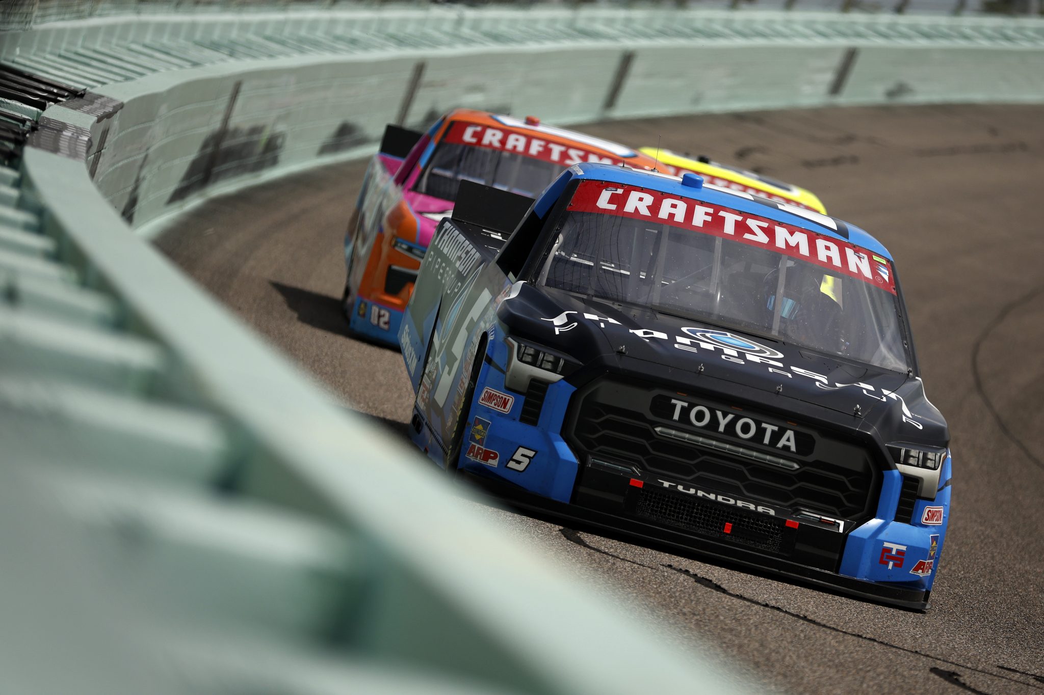 HOMESTEAD, FLORIDA - OCTOBER 26: Dean Thompson, driver of the #5 Thompson Pipe Group Toyota, drives during the NASCAR Craftsman Truck Series Baptist Health 200 at Homestead-Miami Speedway on October 26, 2024 in Homestead, Florida. (Photo by Sean Gardner/Getty Images) | Getty Images