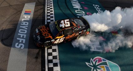 HOMESTEAD, FLORIDA - OCTOBER 27: Tyler Reddick, driver of the #45 The Beast Killer Sunrise Toyota, celebrates with a burnout after winning the NASCAR Cup Series Straight Talk Wireless 400 at Homestead-Miami Speedway on October 27, 2024 in Homestead, Florida. (Photo by James Gilbert/Getty Images) | Getty Images