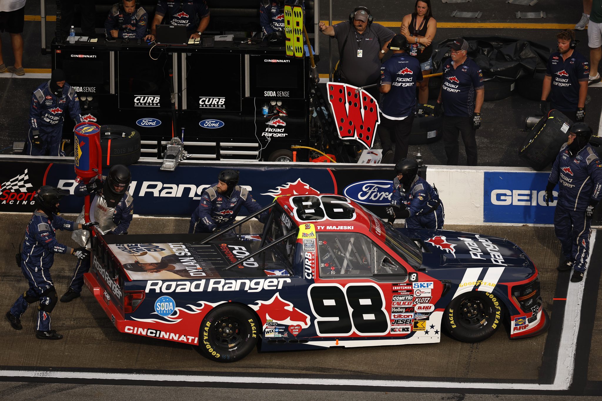 TALLADEGA, ALABAMA - OCTOBER 04: Ty Majeski, driver of the #98 Road Ranger Ford, pits during the NASCAR Craftsman Truck Series Love's RV Stop 225 at Talladega Superspeedway on October 04, 2024 in Talladega, Alabama. (Photo by Sean Gardner/Getty Images) | Getty Images
