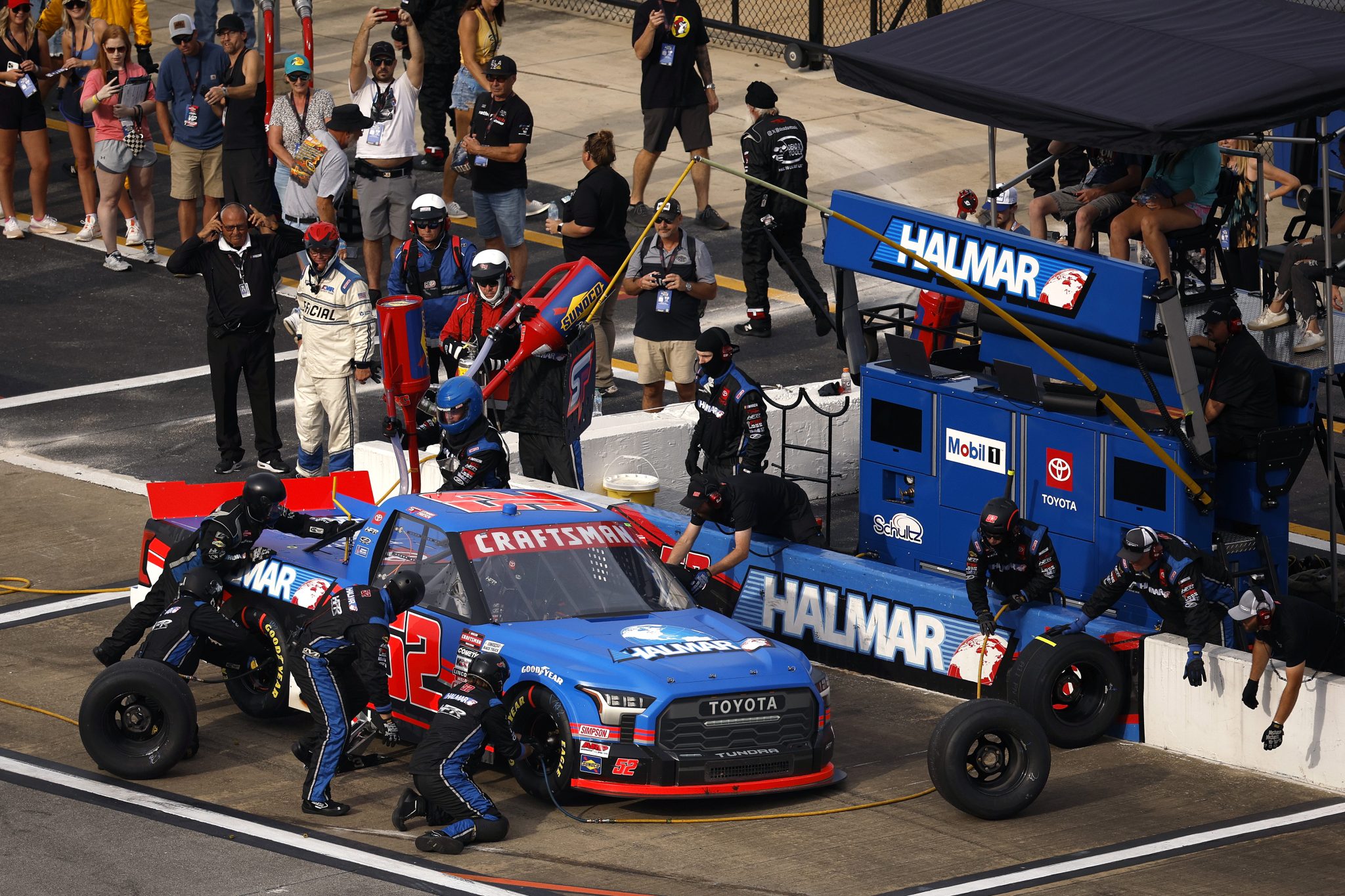 TALLADEGA, ALABAMA - OCTOBER 04: Stewart Friesen, driver of the #52 Halmar International Toyota, pits during the NASCAR Craftsman Truck Series Love's RV Stop 225 at Talladega Superspeedway on October 04, 2024 in Talladega, Alabama. (Photo by Sean Gardner/Getty Images) | Getty Images