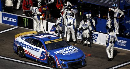 TALLADEGA, ALABAMA - OCTOBER 06: Kyle Larson, driver of the #5 HendrickCars.com Chevrolet, pits during the NASCAR Cup Series YellaWood 500 at Talladega Superspeedway on October 06, 2024 in Talladega, Alabama. (Photo by Sean Gardner/Getty Images) | Getty Images